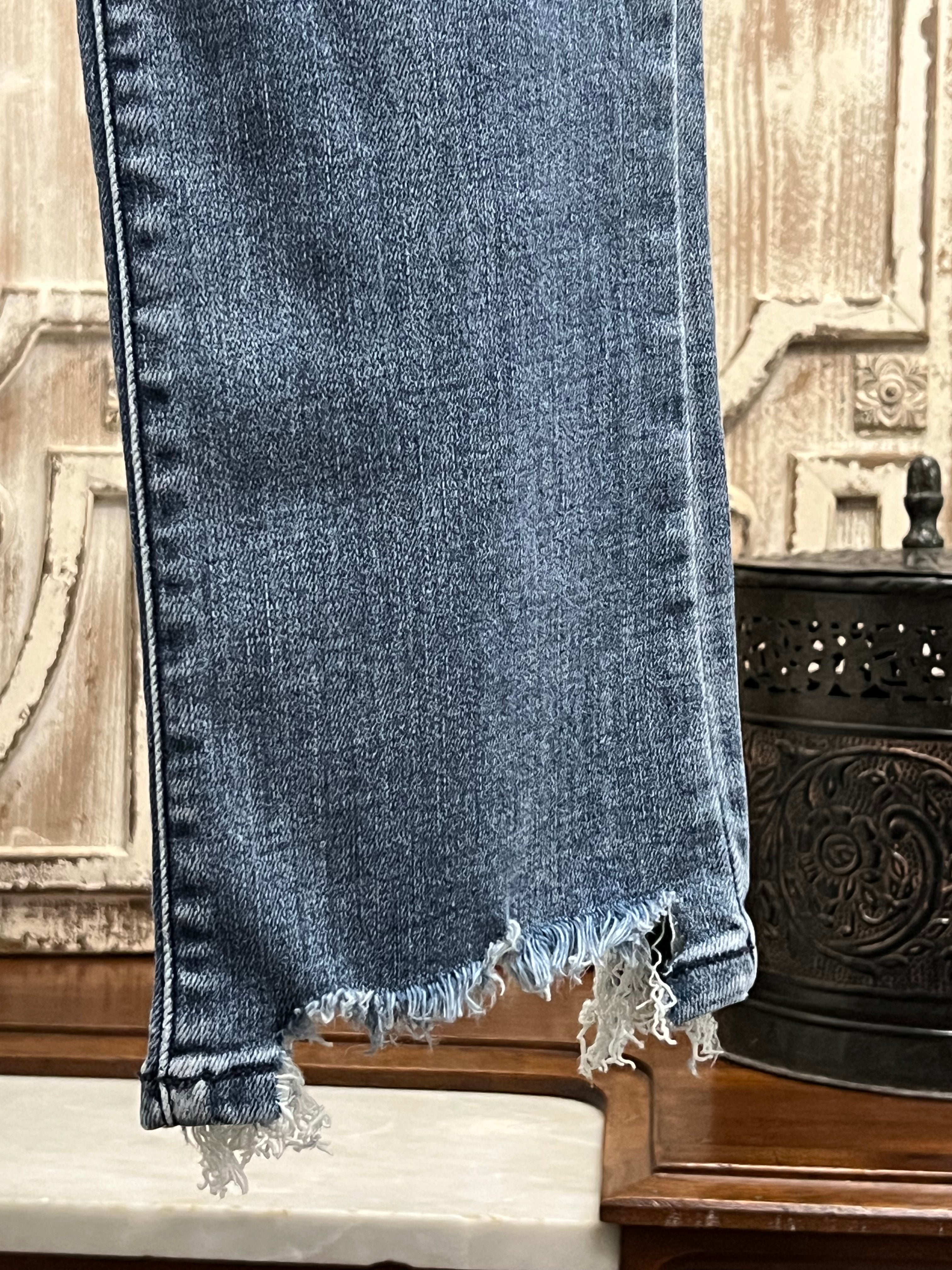 Slash Mid Rise Destroyed Straight Leg Denim Jeans