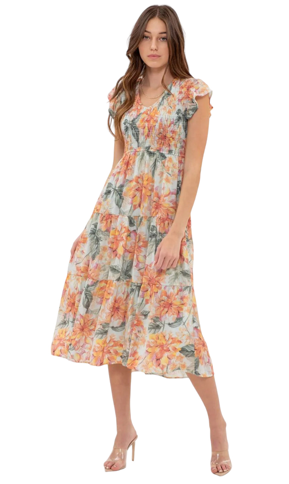 Della Smocked V-Neck Floral Midi Dress