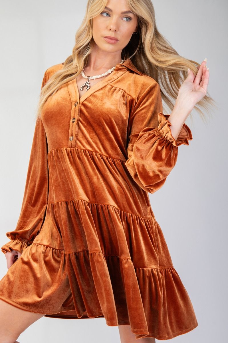 Monique Tiered and Ruffled Velvet Long Sleeve Mini Dress The 1408 Boutique Lingerie Monique Tiered and Ruffled Velvet Long Sleeve Mini Dress The 1408 Boutique Lingerie