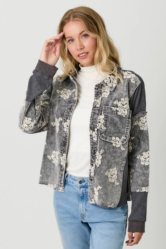 Jessamine Flower Embroidery Hoodie Corduroy Jacket