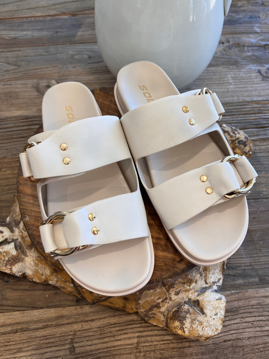 Rather Slide Sandal with Double Straps and Gold Buckles