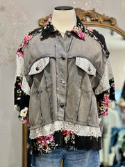 Shirley Oversized Half Sleeve Charcoal Roses Button Down Top/Jacket