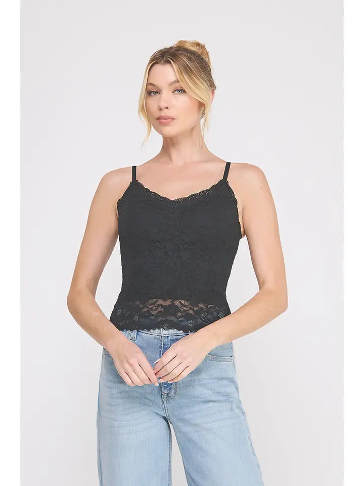 Floral Lace Knit Longline Cami Bralette with Adjustable Straps
