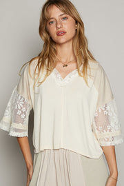 Sally Lace Sleeve Collared Top with Lace Trim