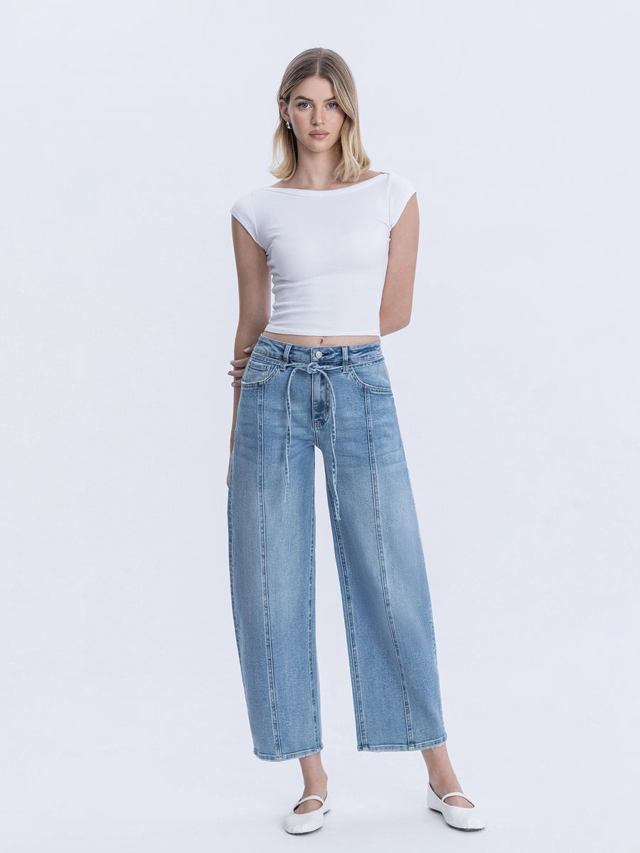 Troubadour High Rise Wide Barrel Leg Jeans with Waist Tie