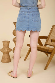 Scalloped Button Front Washed Denim Mini Skirt