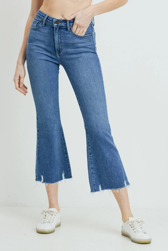 High Rise with Distressed Hem Denim Crop Flare Jean