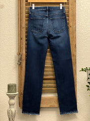High Rise Classic Straight Denim Crop Jean with Distressed Hem