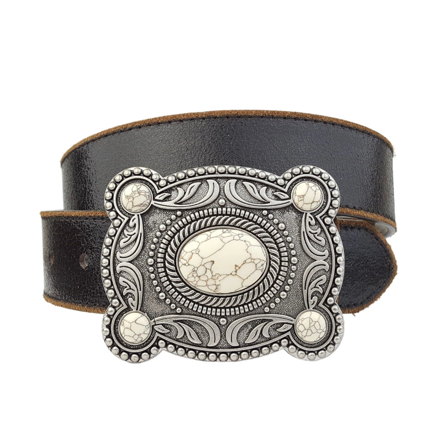 Western Stone Buckle with Vintage Leather Belt