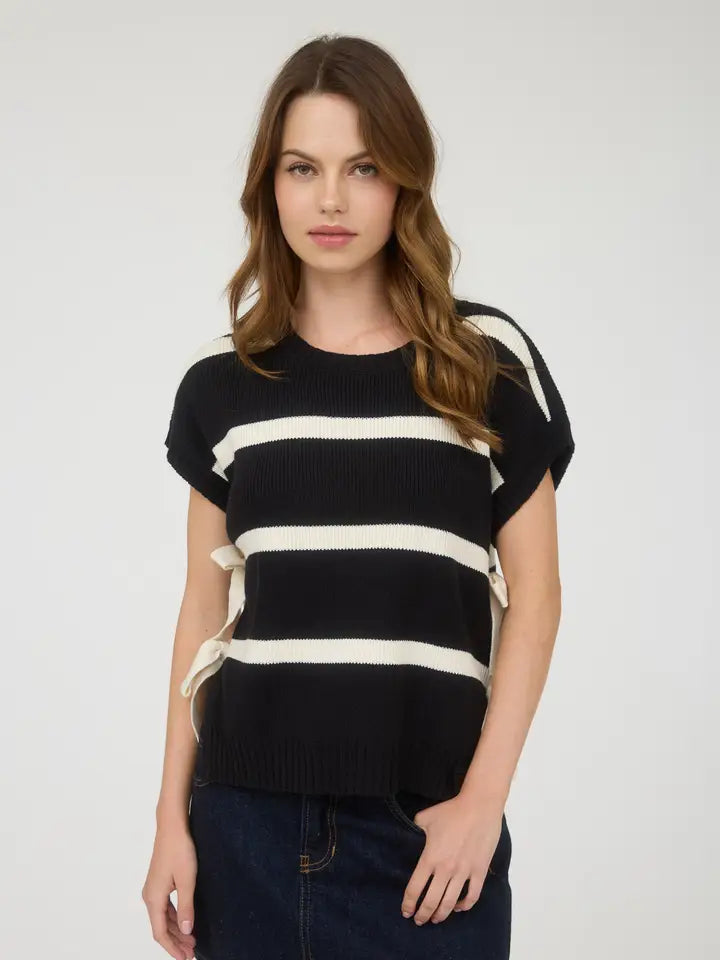 Camelot Side Tie Stripe Short Sleeve Sweater