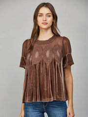Veda Mesh Lace Applique Velvet Peplum Top by FATE