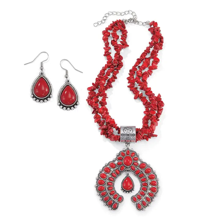 Red Turquoise Nugget Squash Blossom Necklace Earrings Set