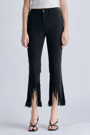 Sabbath High Rise Slanted Angle Cut Crop Flare Black Jeans with Fringe Hem