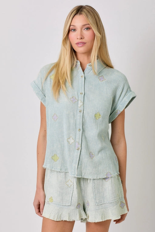 Desirae Embroidered Washed Cotton Gauze Button Front Top