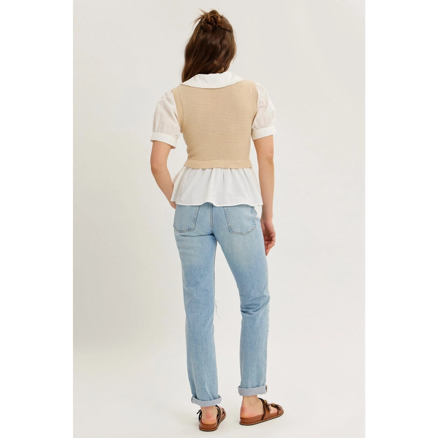 Teagan Sweater Vest Twofer Top with Peter Pan Collar and Ruffled Hem