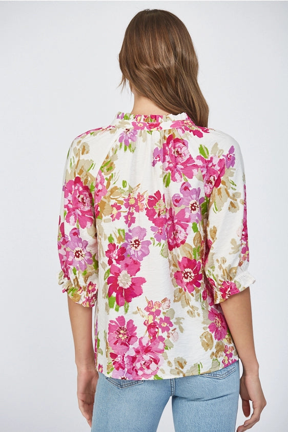 Painted Gardens Floral Print Button Placket Blouse Top