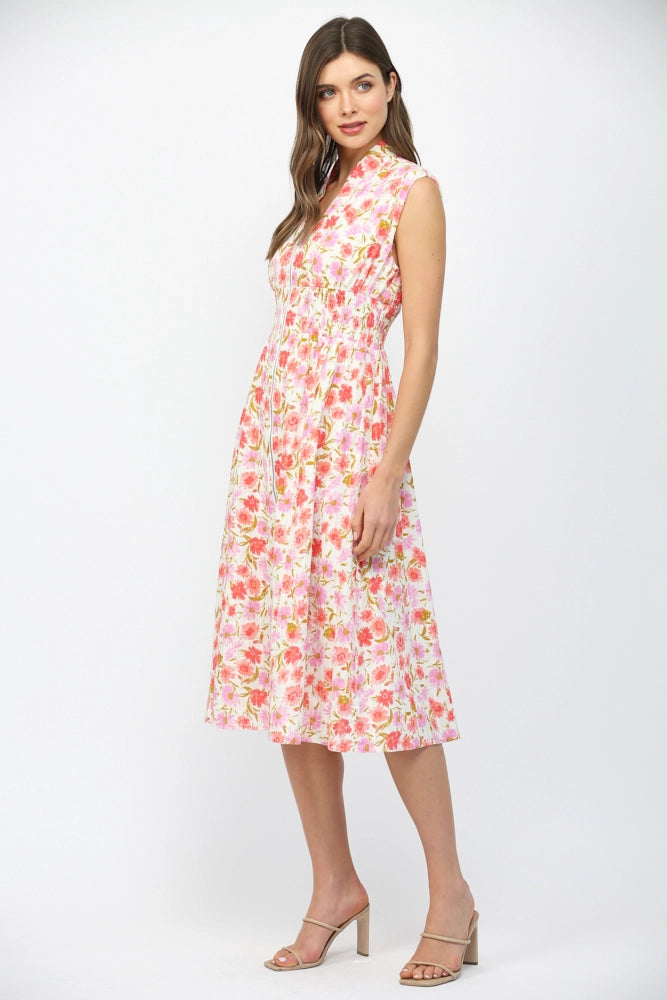 Summer Terrace Floral Print Smocked Waist Midi Dress by Fate