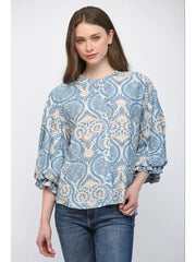 Indie Paisley Puff Sleeve Button Front Top