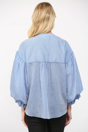 Elladine Pinstripe Puff Sleeve Button Down Shirt Blous