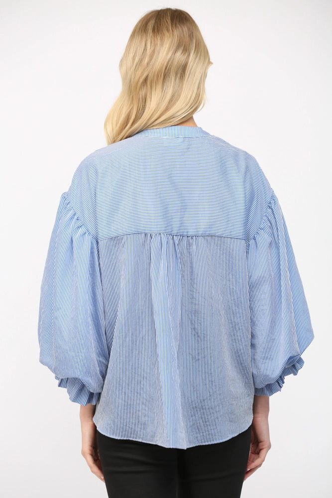 Elladine Pinstripe Puff Sleeve Button Down Shirt Blous