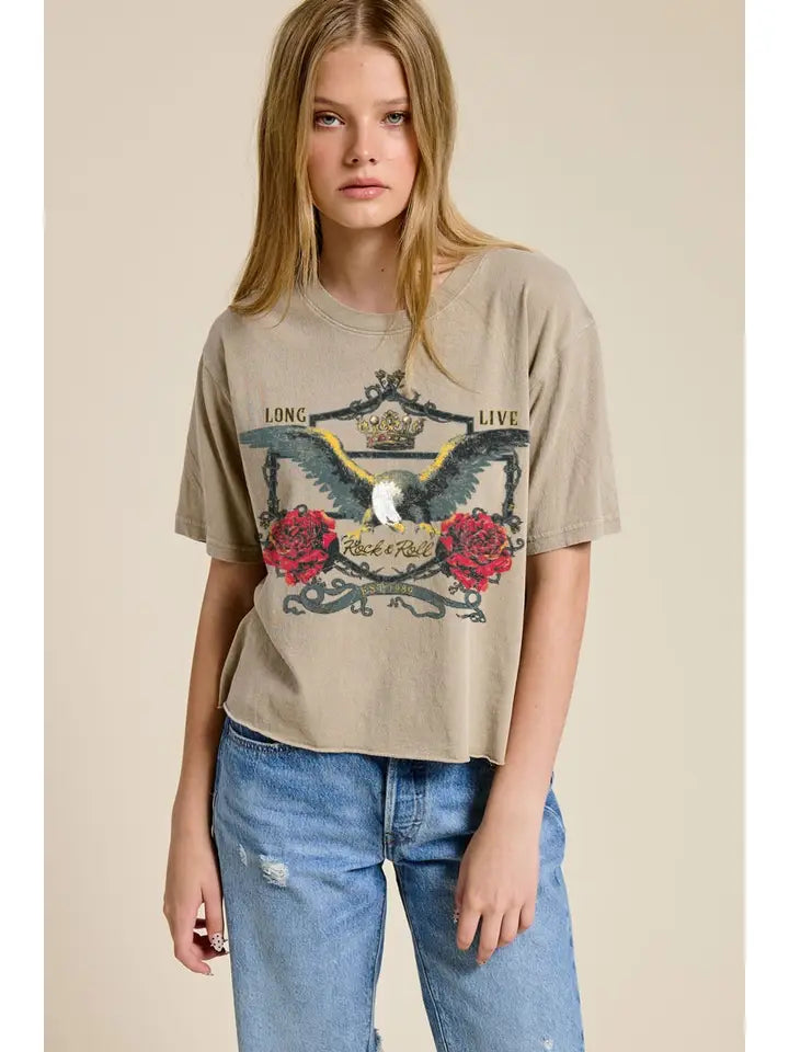 Long Live Rock & Roll Crown & Roses Graphic Crop Tee
