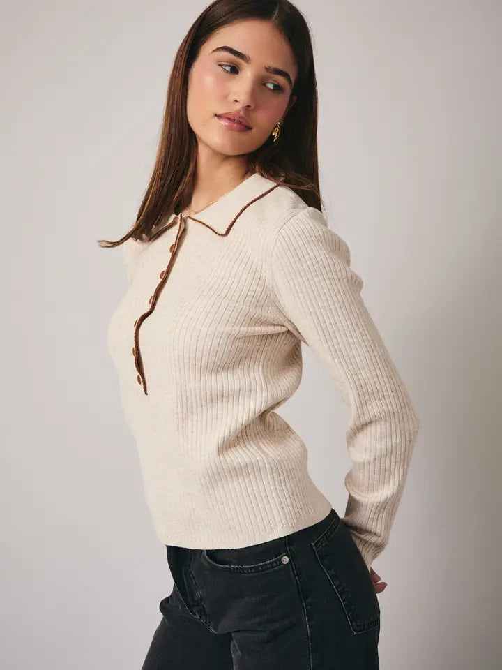Layna Collared Polo Henley Ribbed Knit Top by Sunday Edition