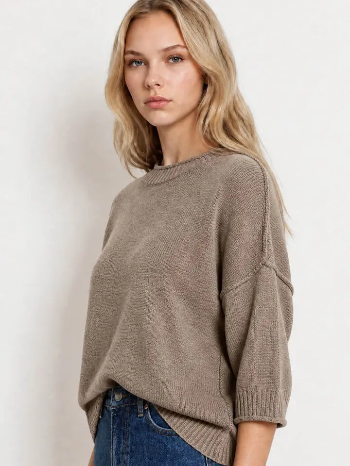 Cora Exposed Seam Drop Shoulder Half Sleeve Sweater Knit Top