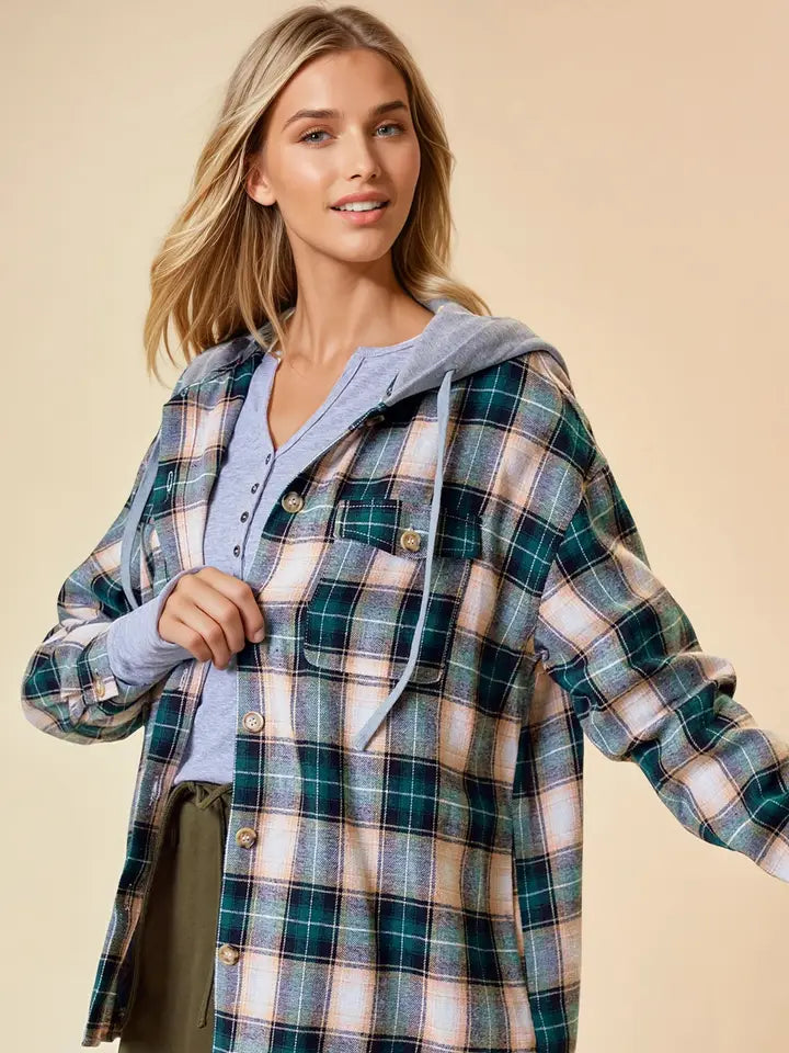 Crockett Hooded Plaid Button Front Shirt Jacket