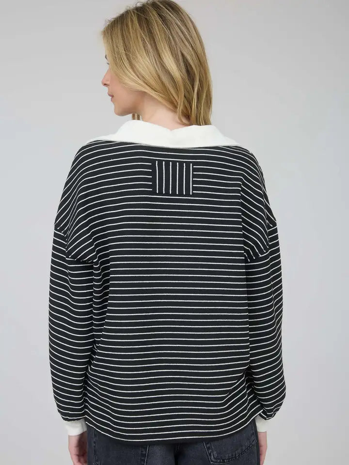 Leanne Contrast Collar Stripe Long Sleeve Knit Top