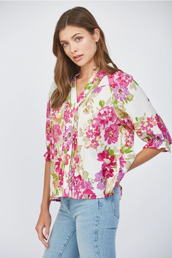 Painted Gardens Floral Print Button Placket Blouse Top