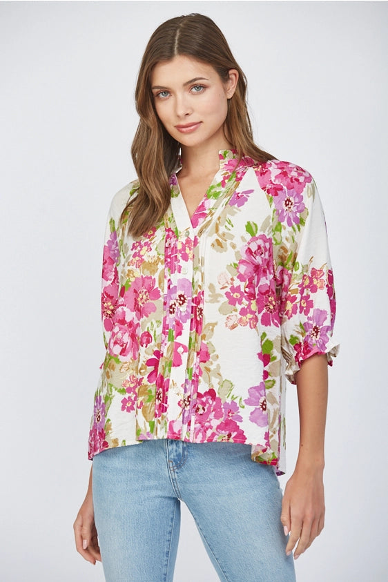 Painted Gardens Floral Print Button Placket Blouse Top
