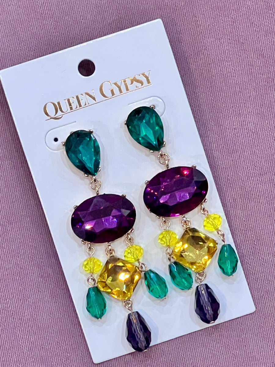 Mardi Gras Chandelier Drop Statement Crystal Earrings by Queen Gypsy