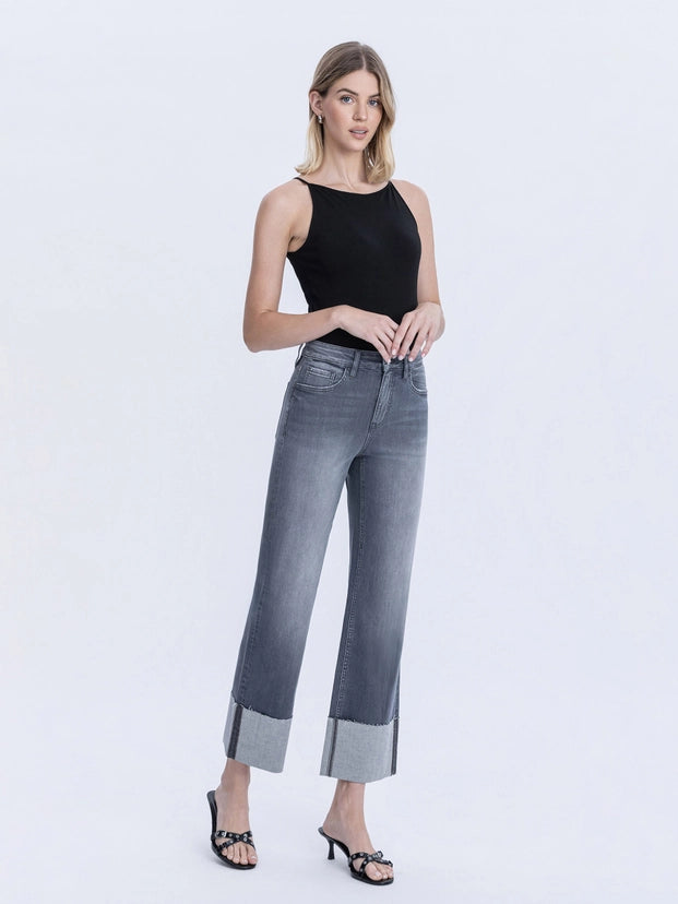 Pokerface High Rise Dark Grey Cuffed Slim Wide Jeans