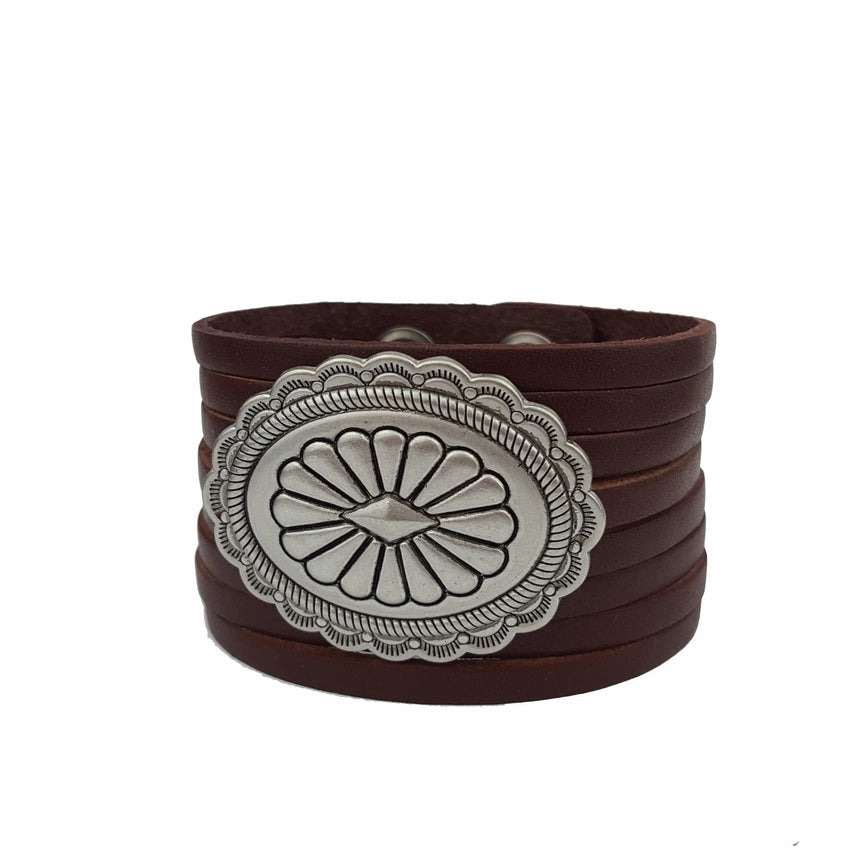 Western Concho Multi Strand Leather Cuff Bracelet