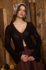 Indina Button Front Crochet Knit Bell Sleeve Cardigan