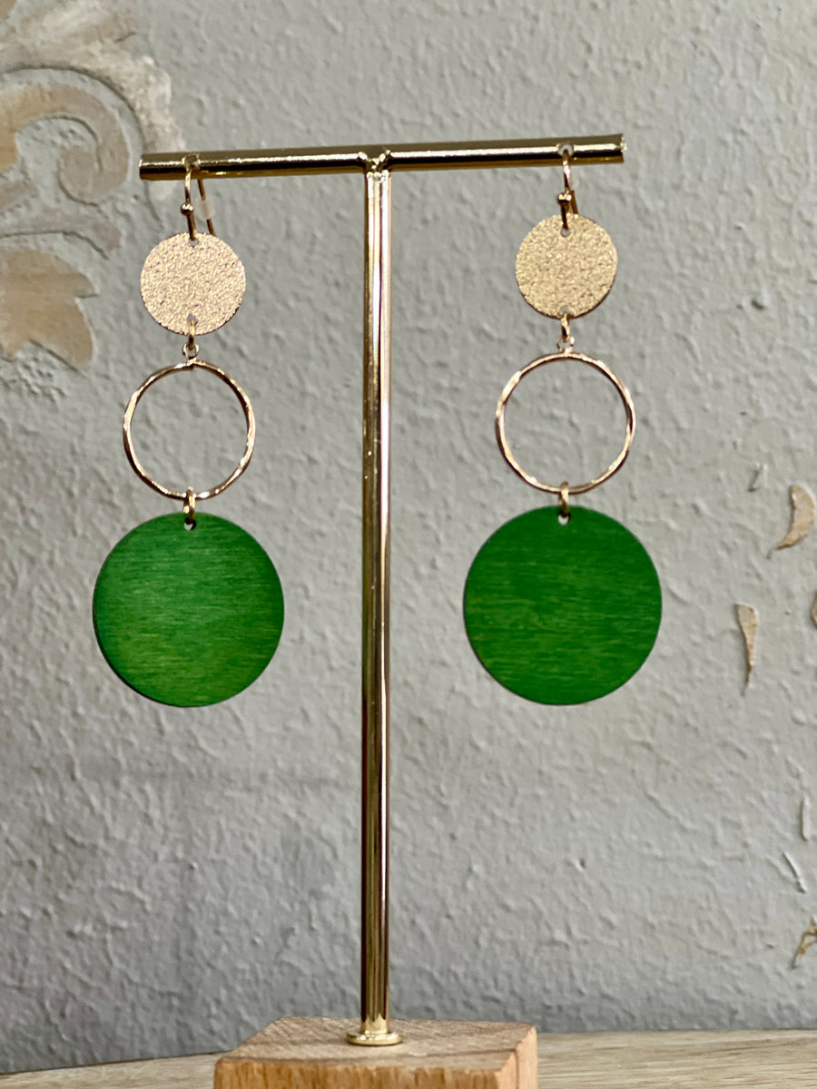 Wood and Gold Drop Circle and Rings Earrings