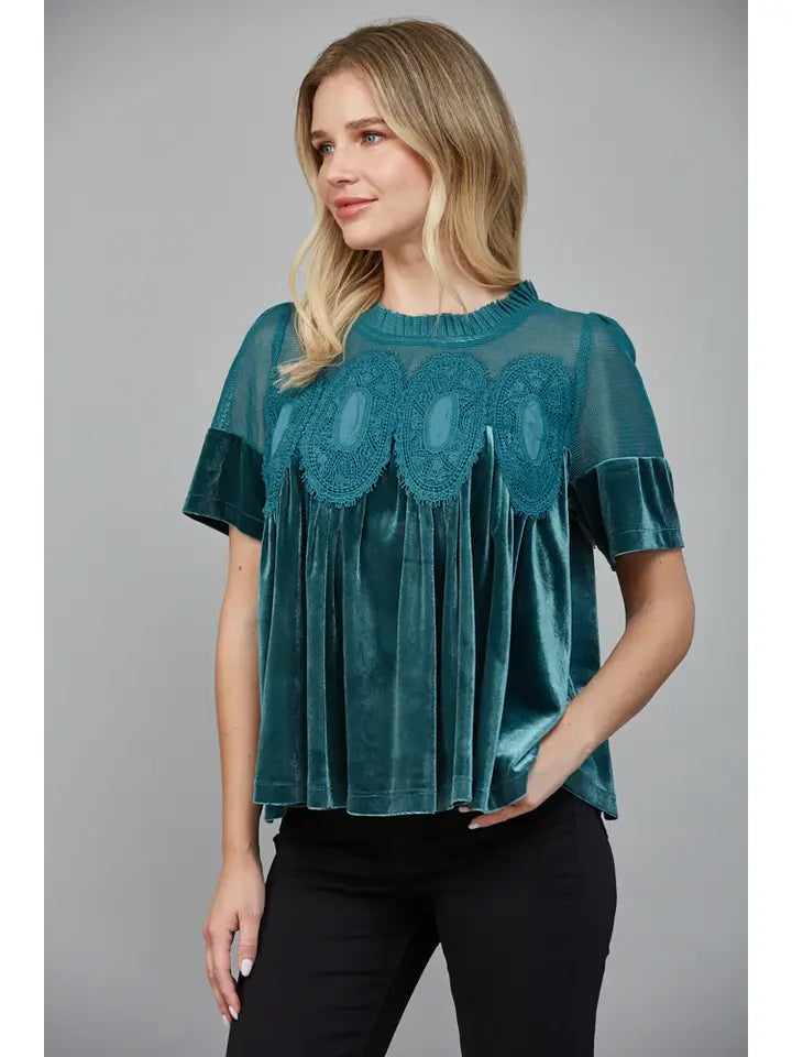 Veda Mesh Lace Applique Velvet Peplum Top by FATE