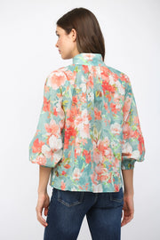 Evangelina Long Sleeve Button Front High Mock Neck Floral Print Blouse Top