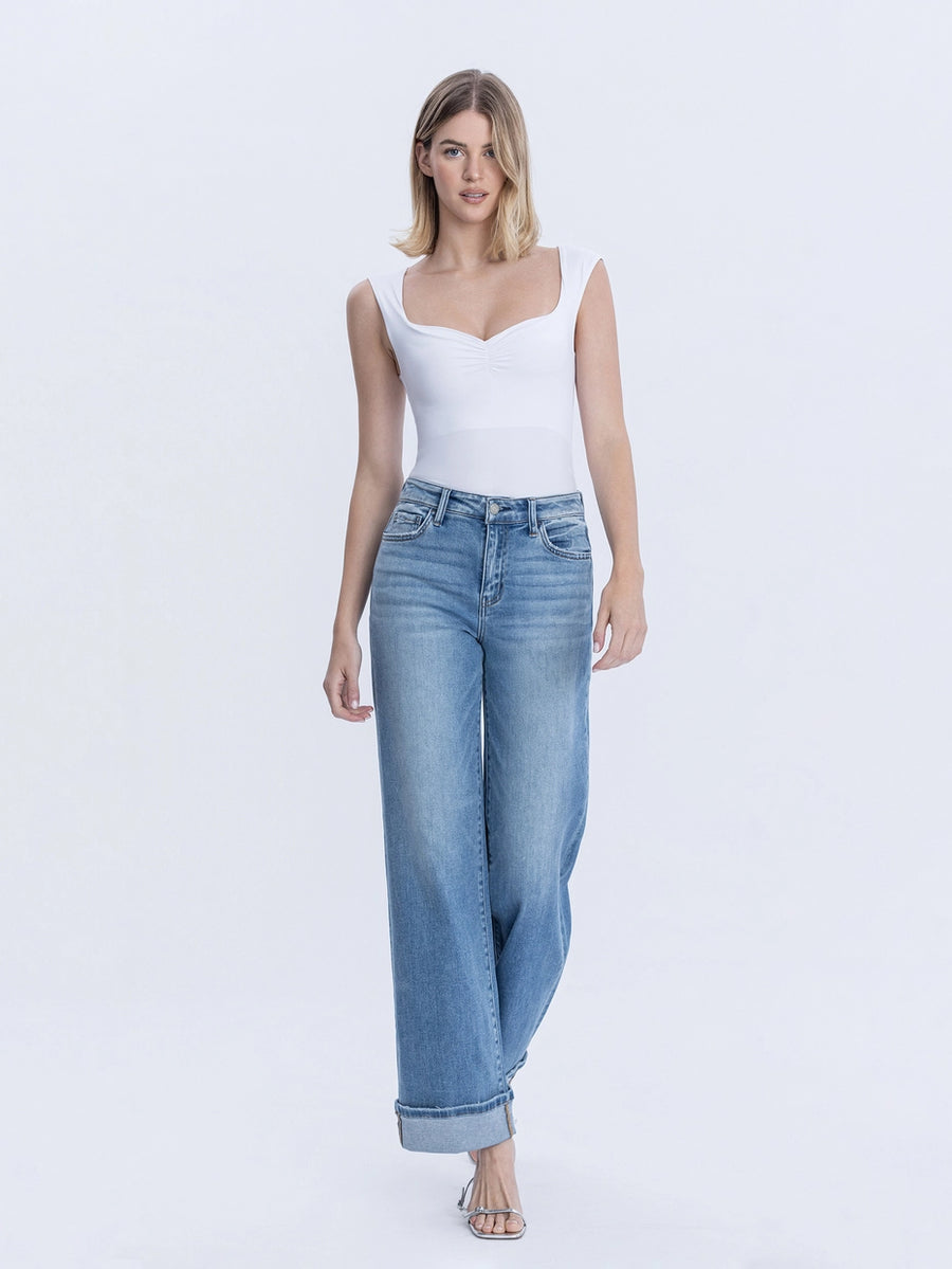 Enigma High Rise Full Length Cuffed Wide Leg Jeans