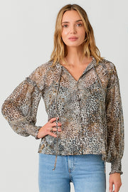 Eileen Leopard Mix Chiffon Peasant Blouse Top