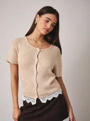 Lila Button Front Short Sleeve Lace Hem Sweater Top