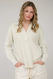 Cammie Collared Split Neck Long Sleeve Mineral Washed Top