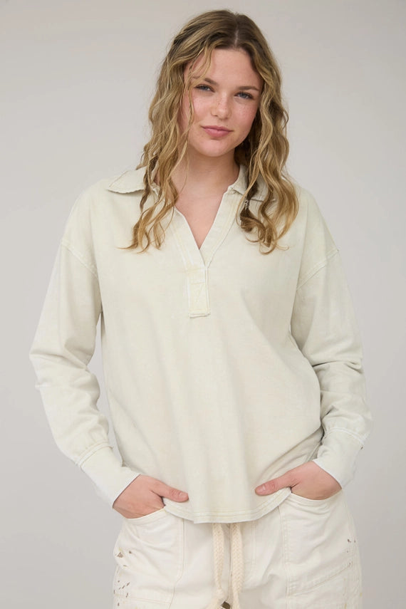 Cammie Collared Split Neck Long Sleeve Mineral Washed Top