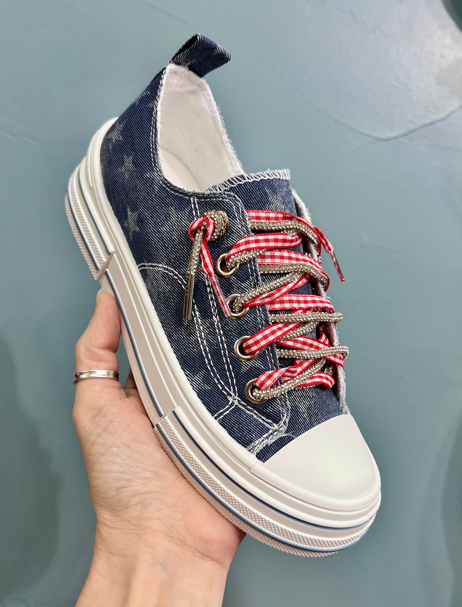 Aman Sparkle Lace Up Print Canvas Sneaker with Crystal Laces