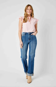 Felon High Waist Front Seam Detail Cuffed Straight Denim Jeans