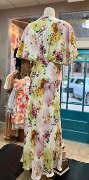 Josie Floral Print Satin Deep V-Neck Empire Waist Midi Dress