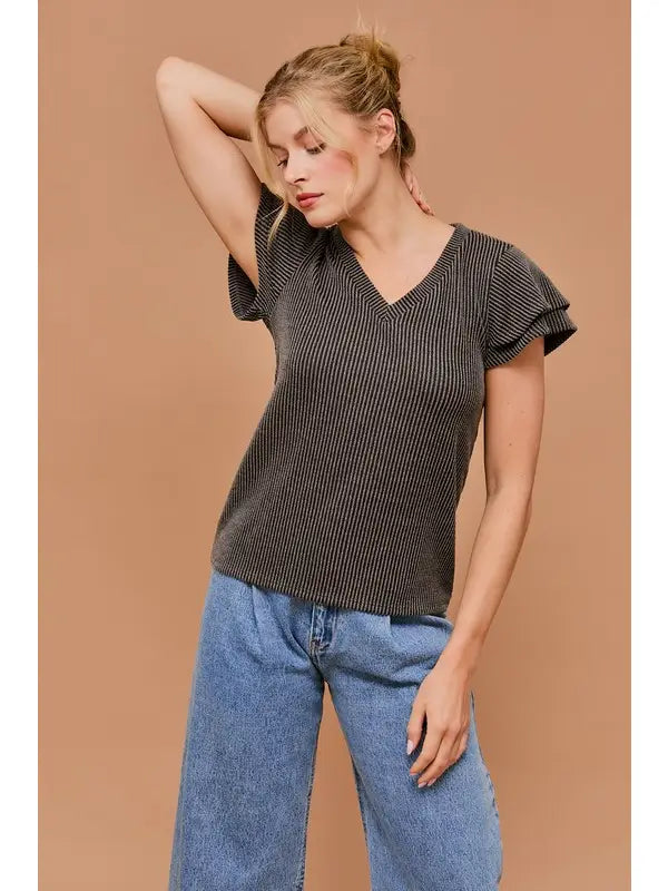 Basil Double Ruffle Sleeve Ribbed Knit V-Neck Top
