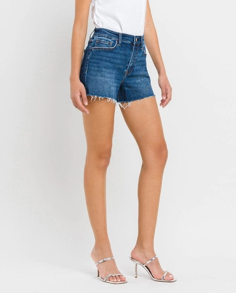 Vervet High Rise A-Line Denim Shorts with Raw Hemline and Side Slits