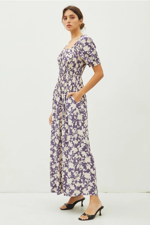 Mable Floral Print Milkmaid Shirred Waist Maxi Dress