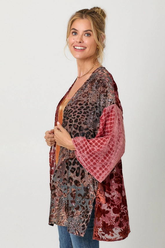 Adele Mixed Print Velvet Burn Out Wrap Kimono